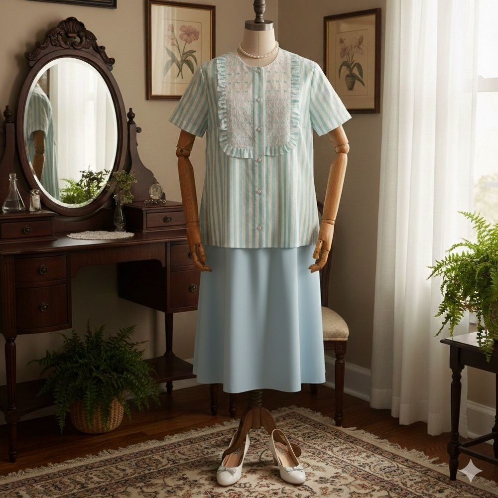 Chas. L. Lewis 50s Vintage Candy Striper Blouse Ruffle Bib Embroidered Picnic